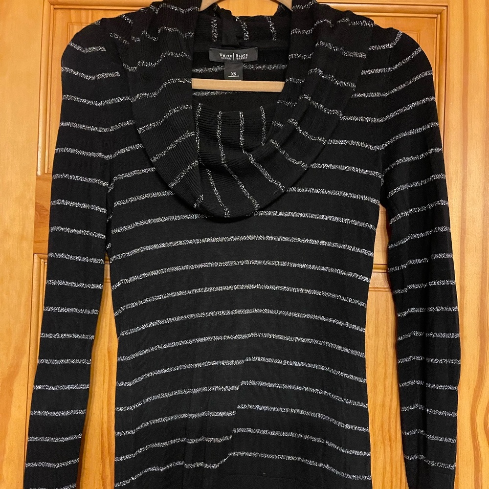 White House Black Market Black and sparkly Silver cow neck sweater